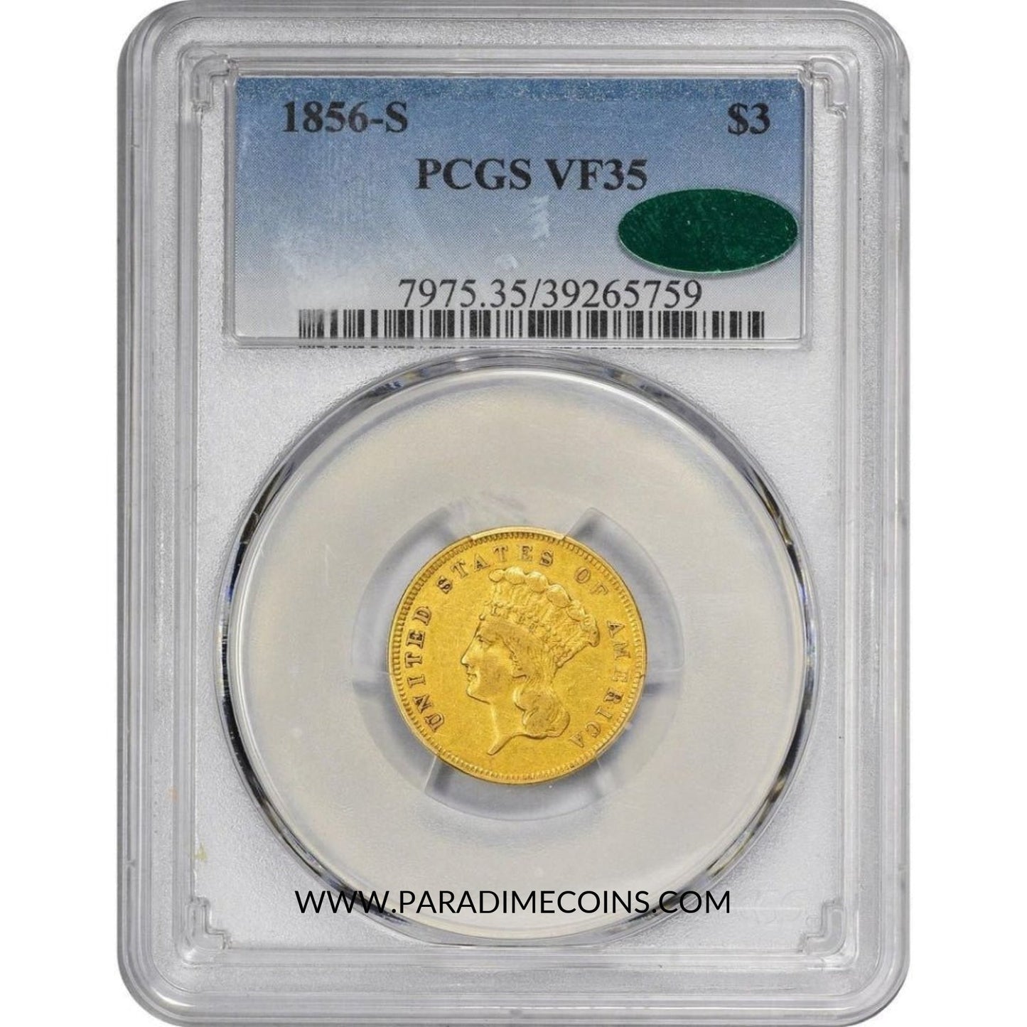 1856-S $3 VF35 PCGS CAC - Paradime Coins | PCGS NGC CACG CAC Rare US Numismatic Coins For Sale