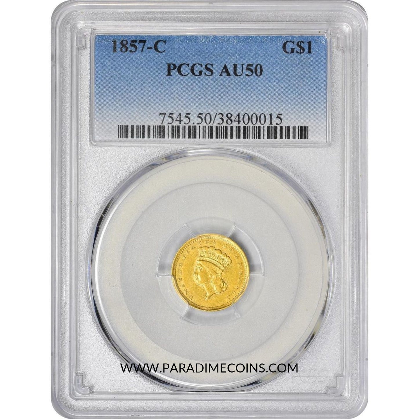 1857-C G$1 AU50 PCGS - Paradime Coins | PCGS NGC CACG CAC Rare US Numismatic Coins For Sale