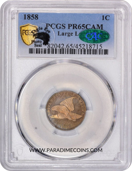 1858 1C PR65 CAM LG LT PCGS CAC EEPS - Paradime Coins | PCGS NGC CACG CAC Rare US Numismatic Coins For Sale