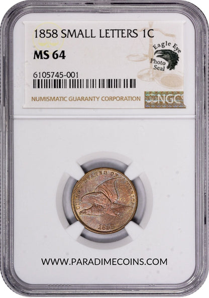 1858 1C SMALL LETTERS MS64 NGC PHOTO SEAL - Paradime Coins | PCGS NGC CACG CAC Rare US Numismatic Coins For Sale