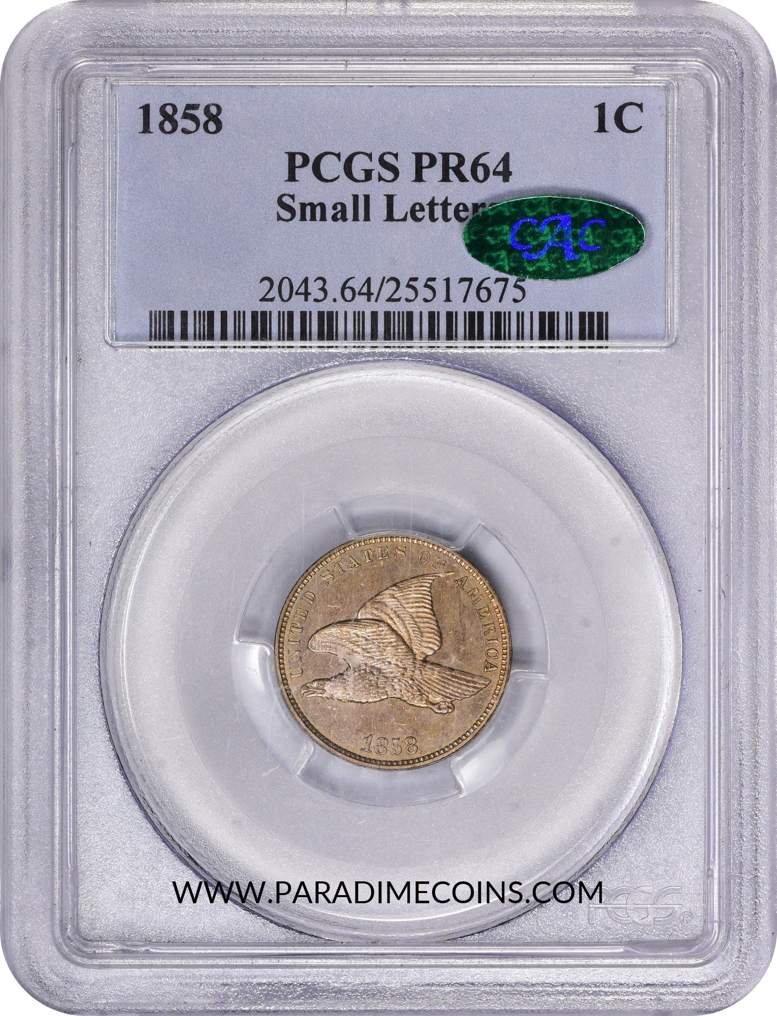 1858 1C SMALL LETTERS PR64 PCGS CAC - Paradime Coins | PCGS NGC CACG CAC Rare US Numismatic Coins For Sale