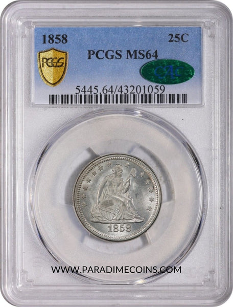 1858 25C MS64 PCGS CAC - Paradime Coins | PCGS NGC CACG CAC Rare US Numismatic Coins For Sale