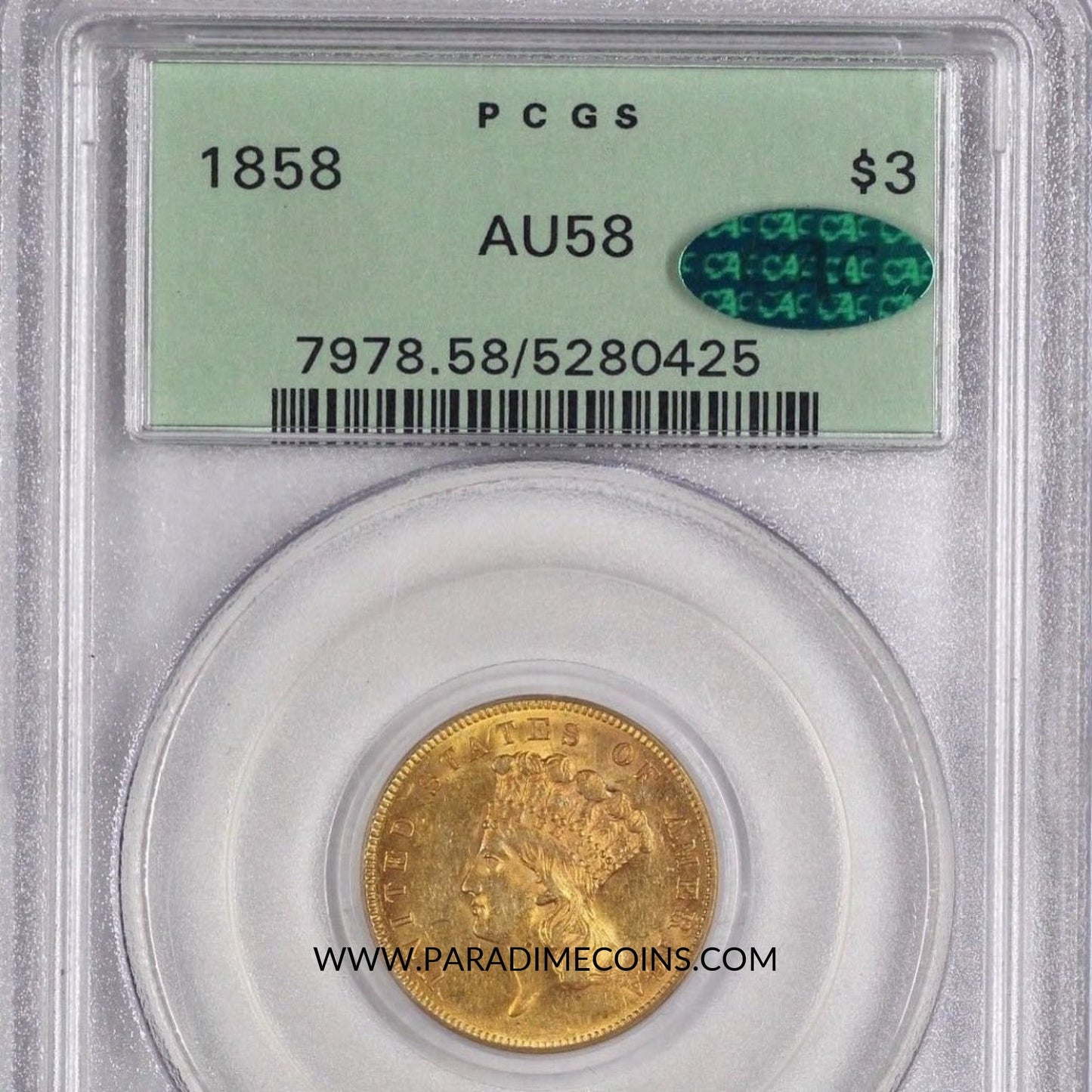 1858 $3 AU58 OGH PCGS CAC - Paradime Coins | PCGS NGC CACG CAC Rare US Numismatic Coins For Sale