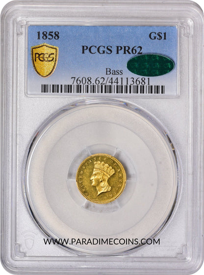 1858 G$1 PR62 PCGS CAC EX BASS - Paradime Coins | PCGS NGC CACG CAC Rare US Numismatic Coins For Sale
