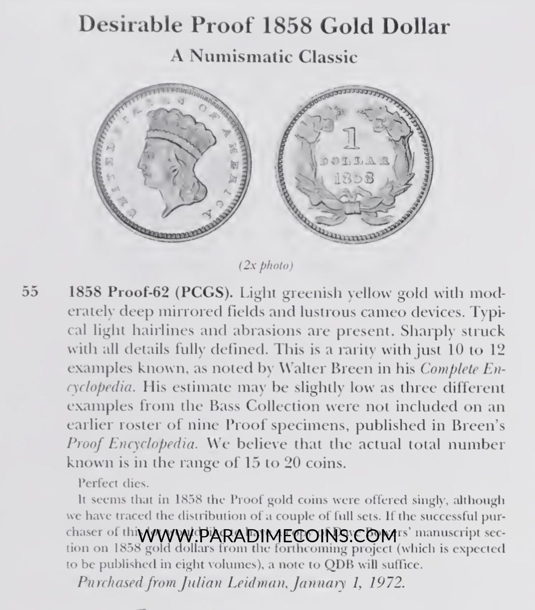 1858 G$1 PR62 PCGS CAC EX BASS - Paradime Coins | PCGS NGC CACG CAC Rare US Numismatic Coins For Sale