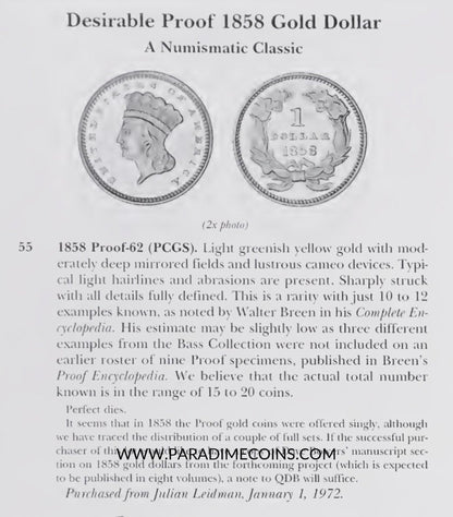 1858 G$1 PR62 PCGS CAC EX BASS - Paradime Coins | PCGS NGC CACG CAC Rare US Numismatic Coins For Sale