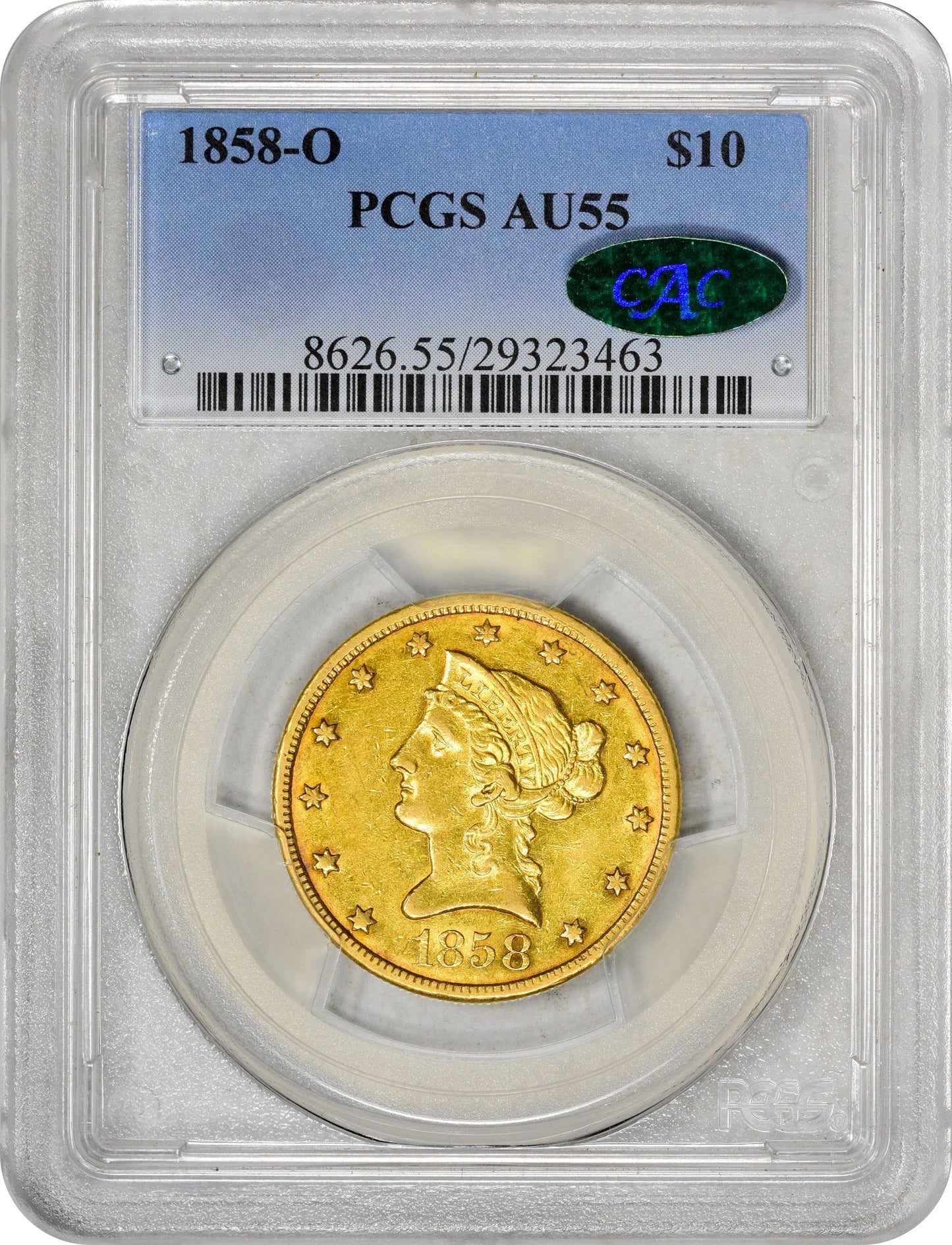 1858-O $10 AU55 PCGS CAC - Paradime Coins | PCGS NGC CACG CAC Rare US Numismatic Coins For Sale