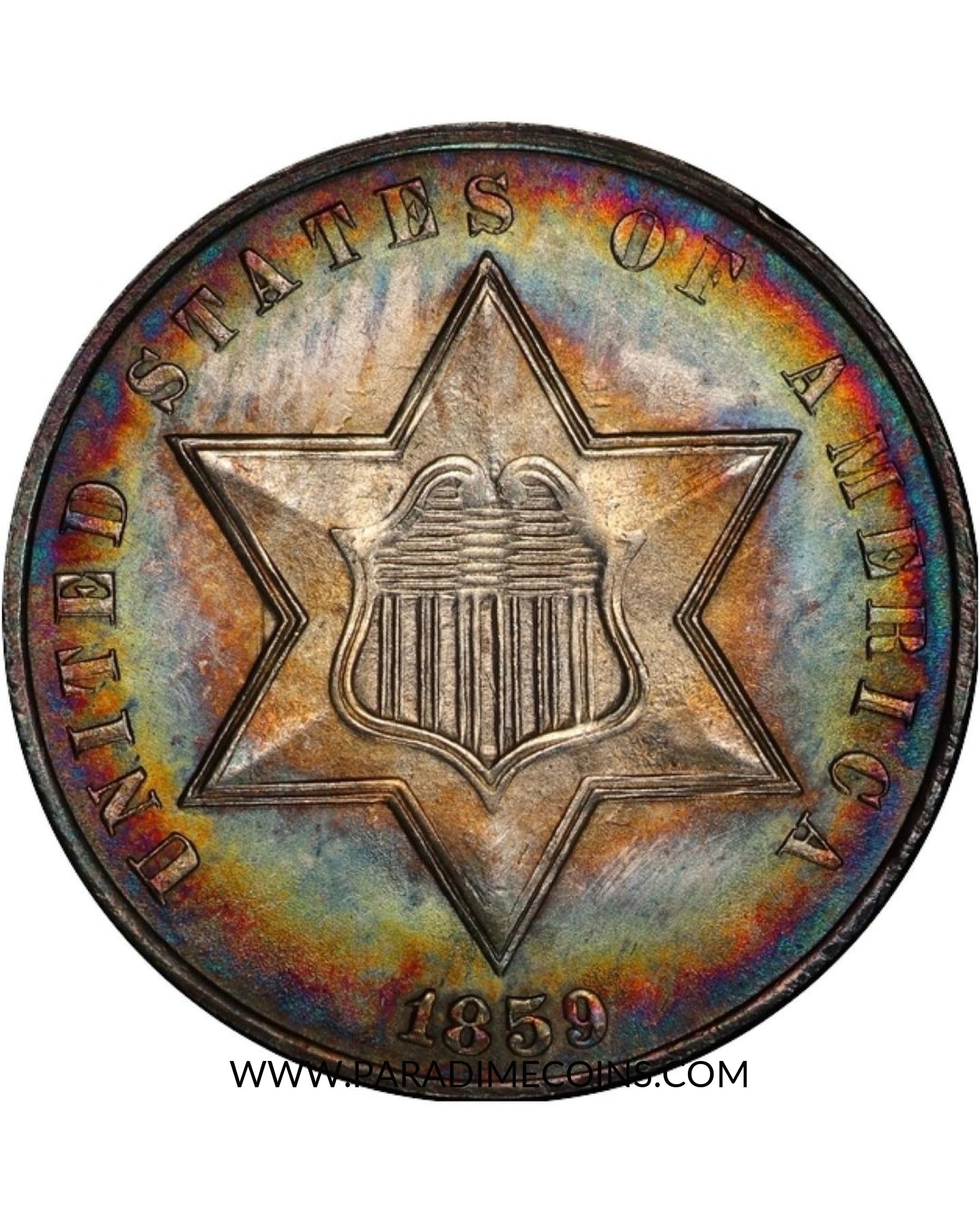 1859 3CS MS66 PCGS - Paradime Coins | PCGS NGC CACG CAC Rare US Numismatic Coins For Sale