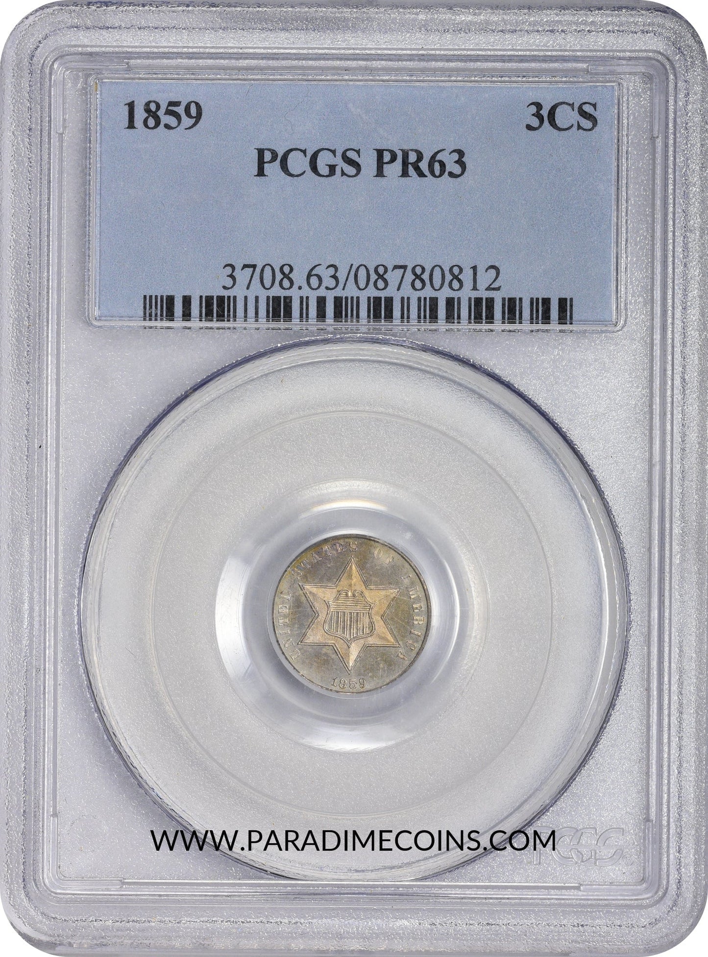 1859 3CS PR63 PCGS - Paradime Coins | PCGS NGC CACG CAC Rare US Numismatic Coins For Sale