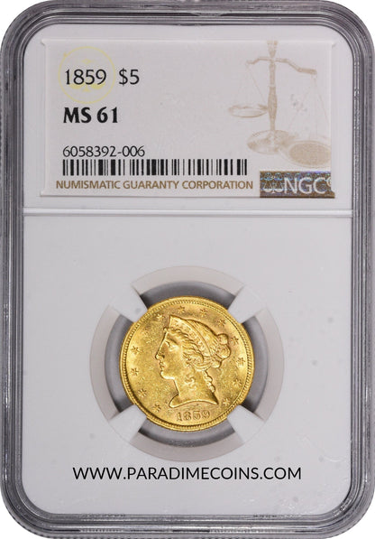 1859 $5 MS61 NGC  - Paradime Coins | PCGS NGC CACG CAC Rare US Numismatic Coins For Sale