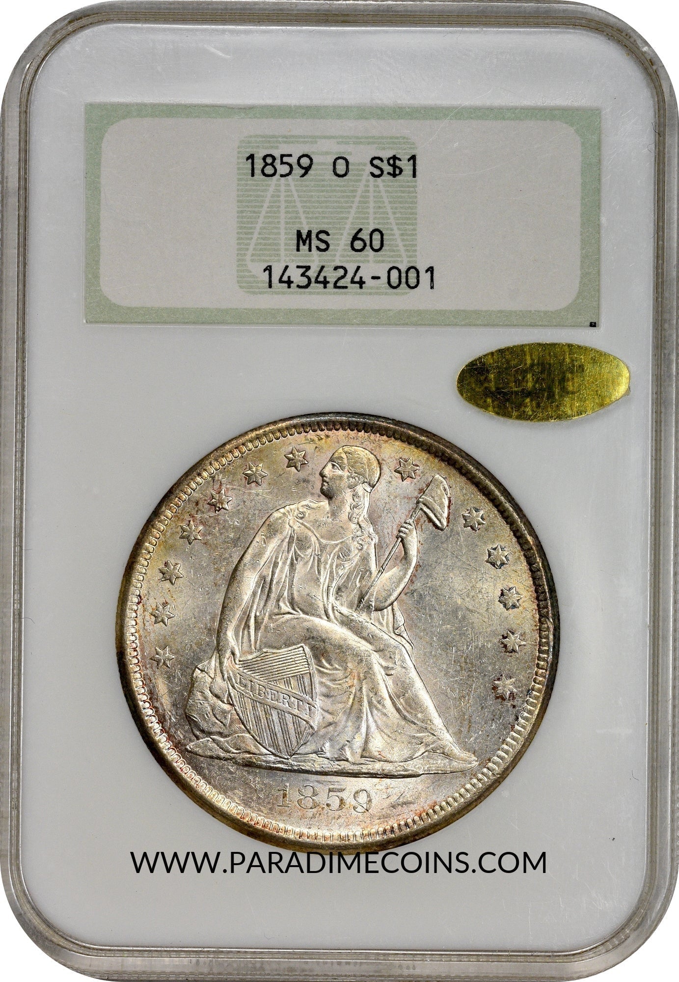 1859-O $1 MS60 OH NGC GOLD CAC - Paradime Coins | PCGS NGC CACG CAC Rare US Numismatic Coins For Sale