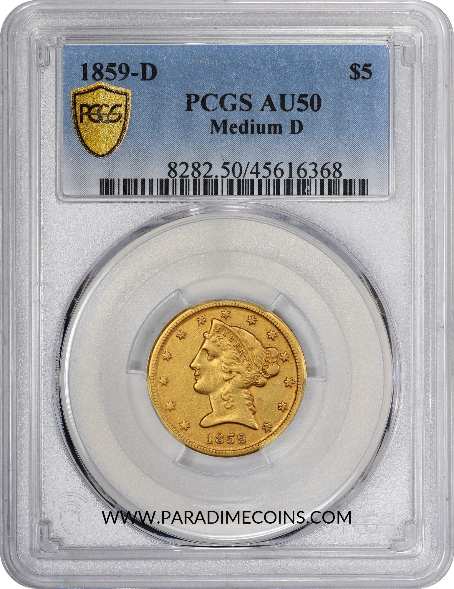 1859-D $5 MEDIUM D AU50 PCGS - Paradime Coins | PCGS NGC CACG CAC Rare US Numismatic Coins For Sale