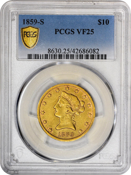 1859-S $10 VF25 PCGS - Paradime Coins | PCGS NGC CACG CAC Rare US Numismatic Coins For Sale