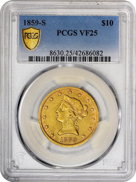 1859-S $10 VF25 PCGS - Paradime Coins US Coins For Sale