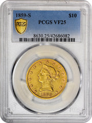 1859-S $10 VF25 PCGS