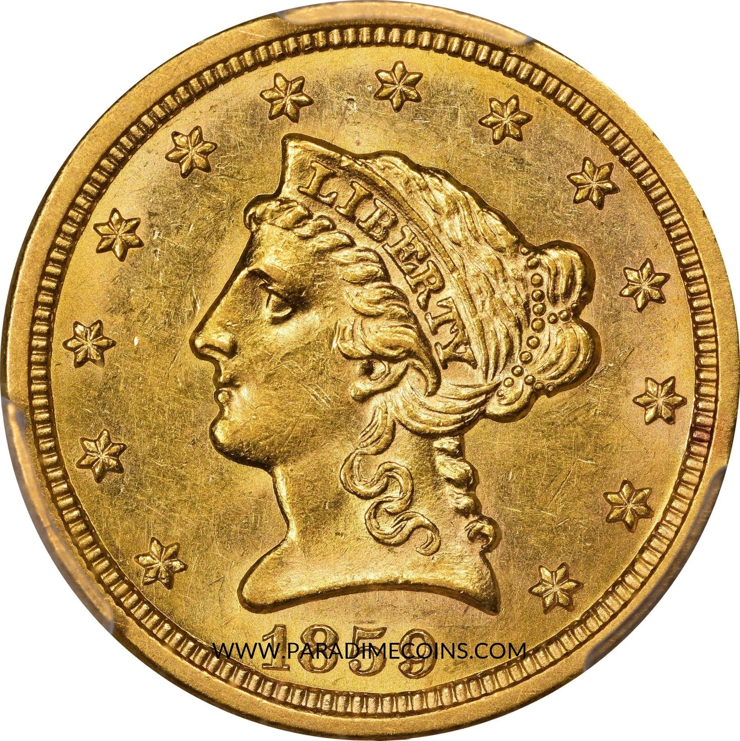 1859-S $2.5 MS62 PCGS - Paradime Coins | PCGS NGC CACG CAC Rare US Numismatic Coins For Sale