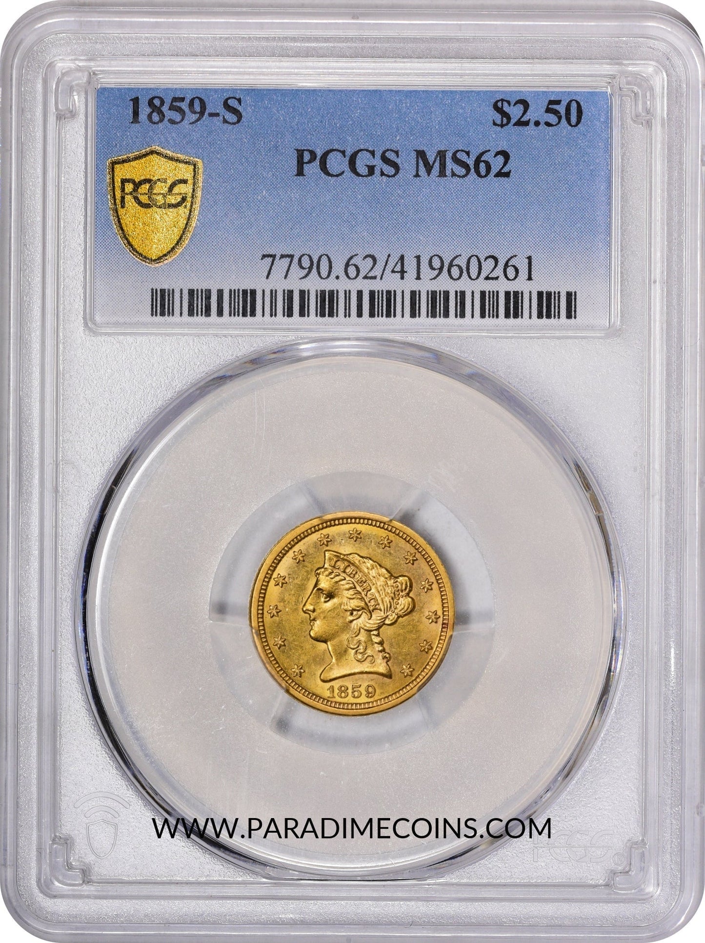1859-S $2.5 MS62 PCGS - Paradime Coins | PCGS NGC CACG CAC Rare US Numismatic Coins For Sale