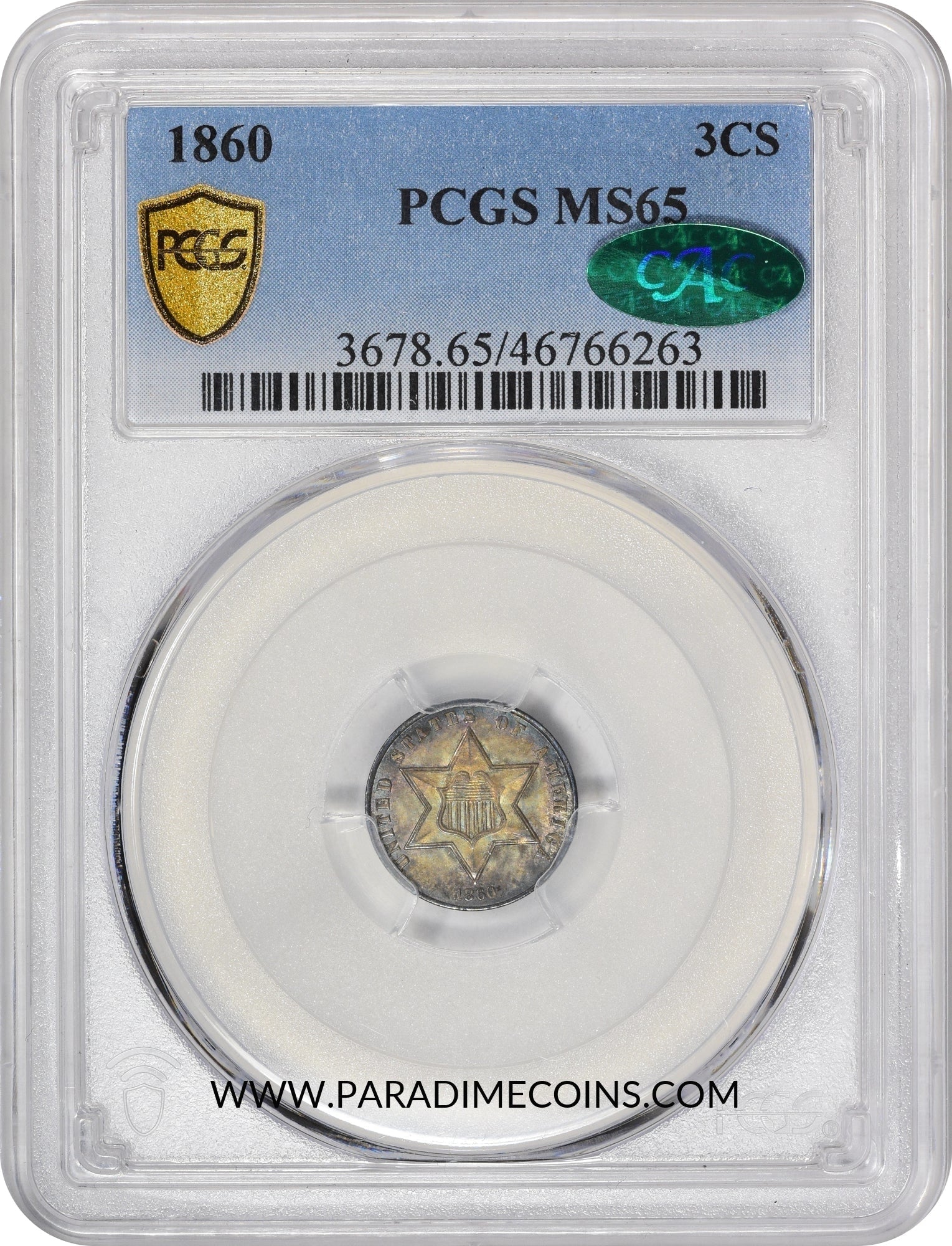 1860 3CS MS65 PCGS CAC - Paradime Coins | PCGS NGC CACG CAC Rare US Numismatic Coins For Sale