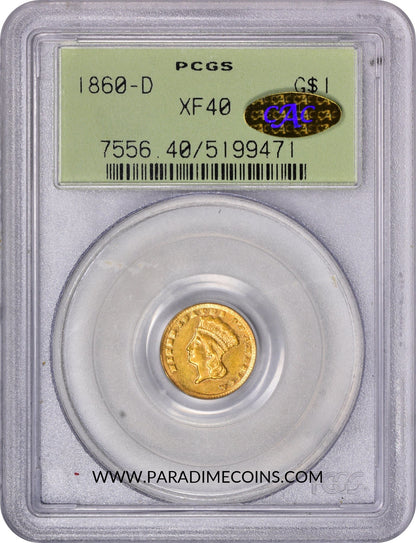 1860-D G$1 XF40 OGH PCGS GOLD CAC - Paradime Coins | PCGS NGC CACG CAC Rare US Numismatic Coins For Sale