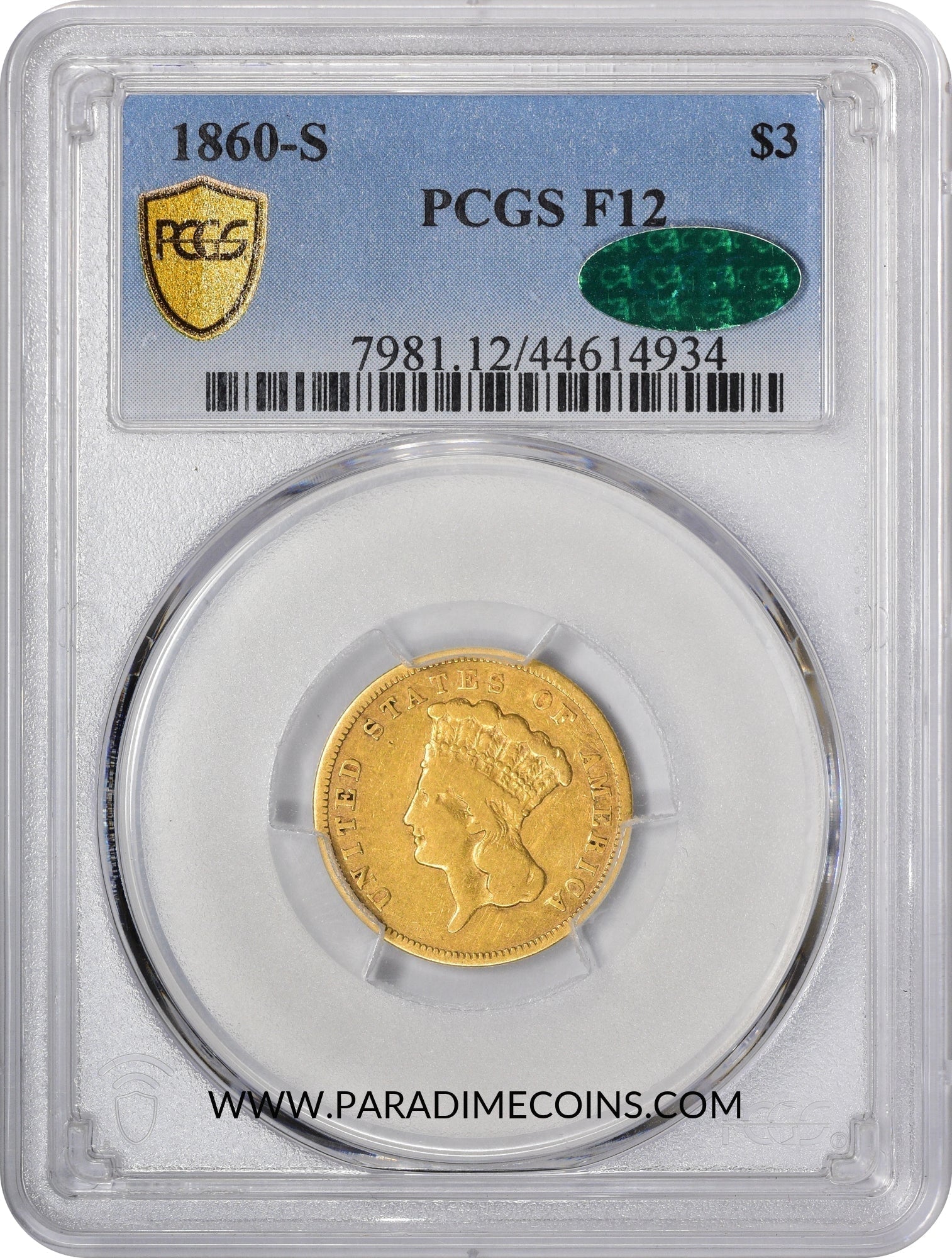 1860-S $3 F12 PCGS CAC - Paradime Coins | PCGS NGC CACG CAC Rare US Numismatic Coins For Sale