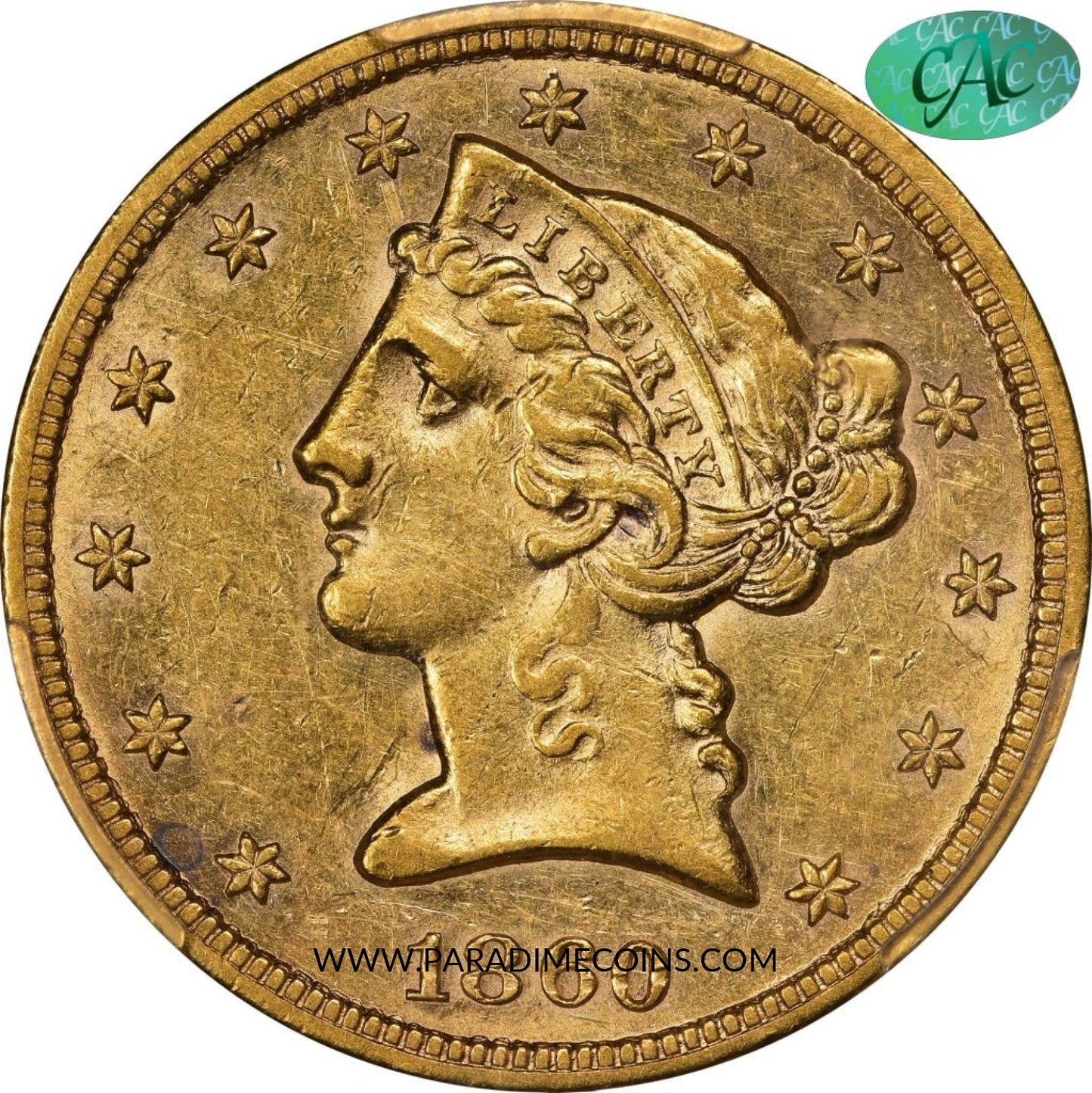 1860-S $5 AU58 PCGS CAC - Paradime Coins | PCGS NGC CACG CAC Rare US Numismatic Coins For Sale