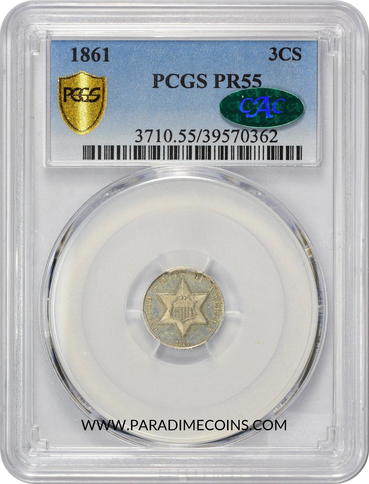 1861 3CS PR55 PCGS CAC - Paradime Coins | PCGS NGC CACG CAC Rare US Numismatic Coins For Sale