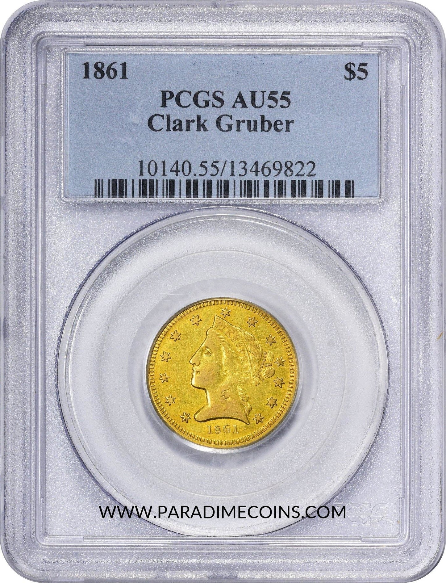 1861 $5 Clark Gruber AU55 PCGS - Paradime Coins | PCGS NGC CACG CAC Rare US Numismatic Coins For Sale