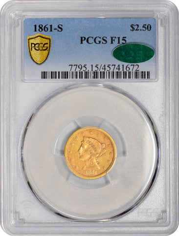 1861-S $2.5 F15 PCGS CAC - Paradime Coins US Coins For Sale
