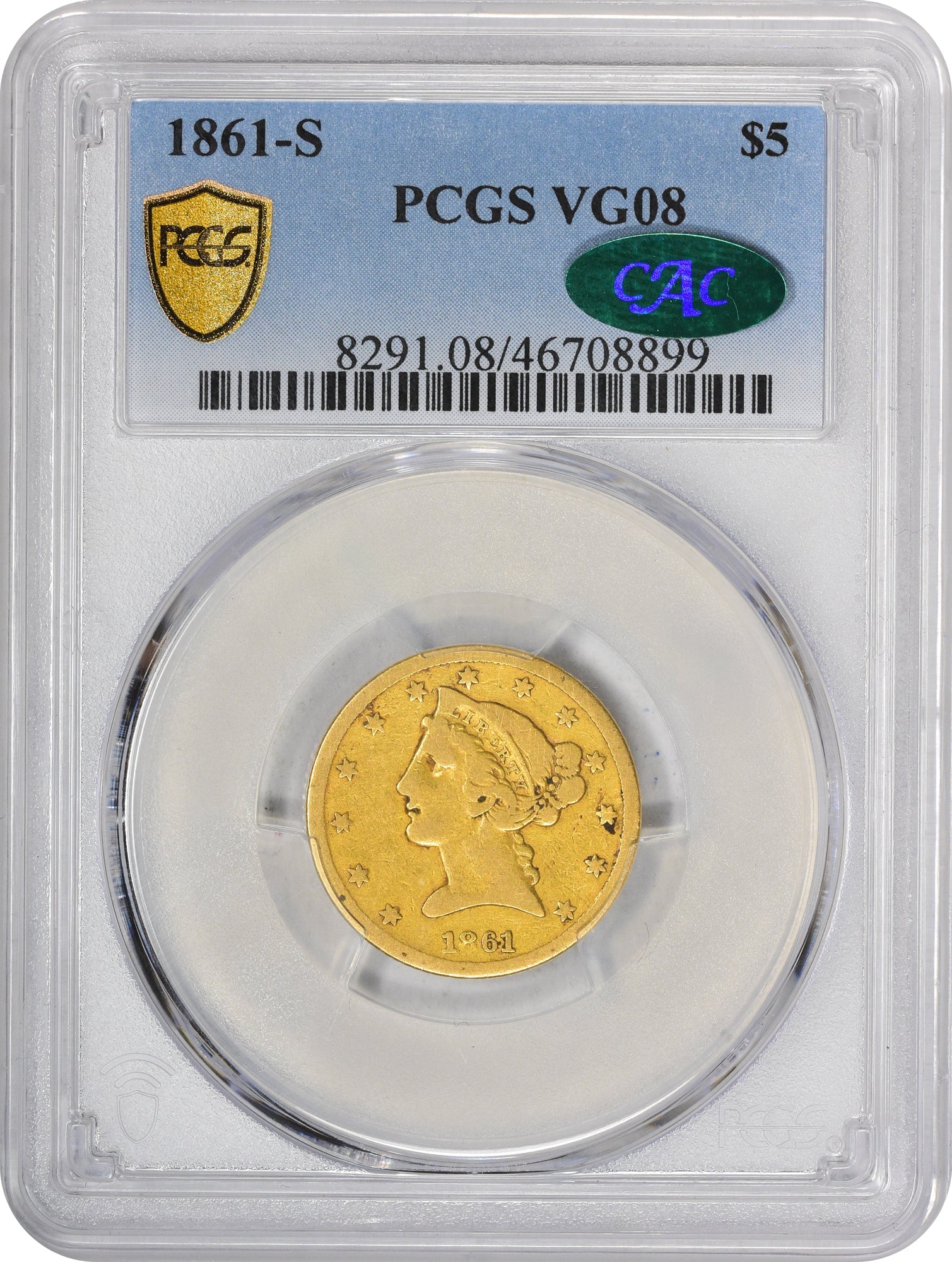 1861-S $5 VG08 PCGS CAC - Paradime Coins US Coins For Sale