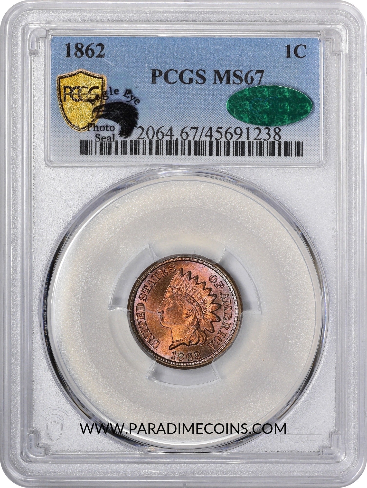 1862 1C MS67 PCGS CAC EEPS - Paradime Coins | PCGS NGC CACG CAC Rare US Numismatic Coins For Sale