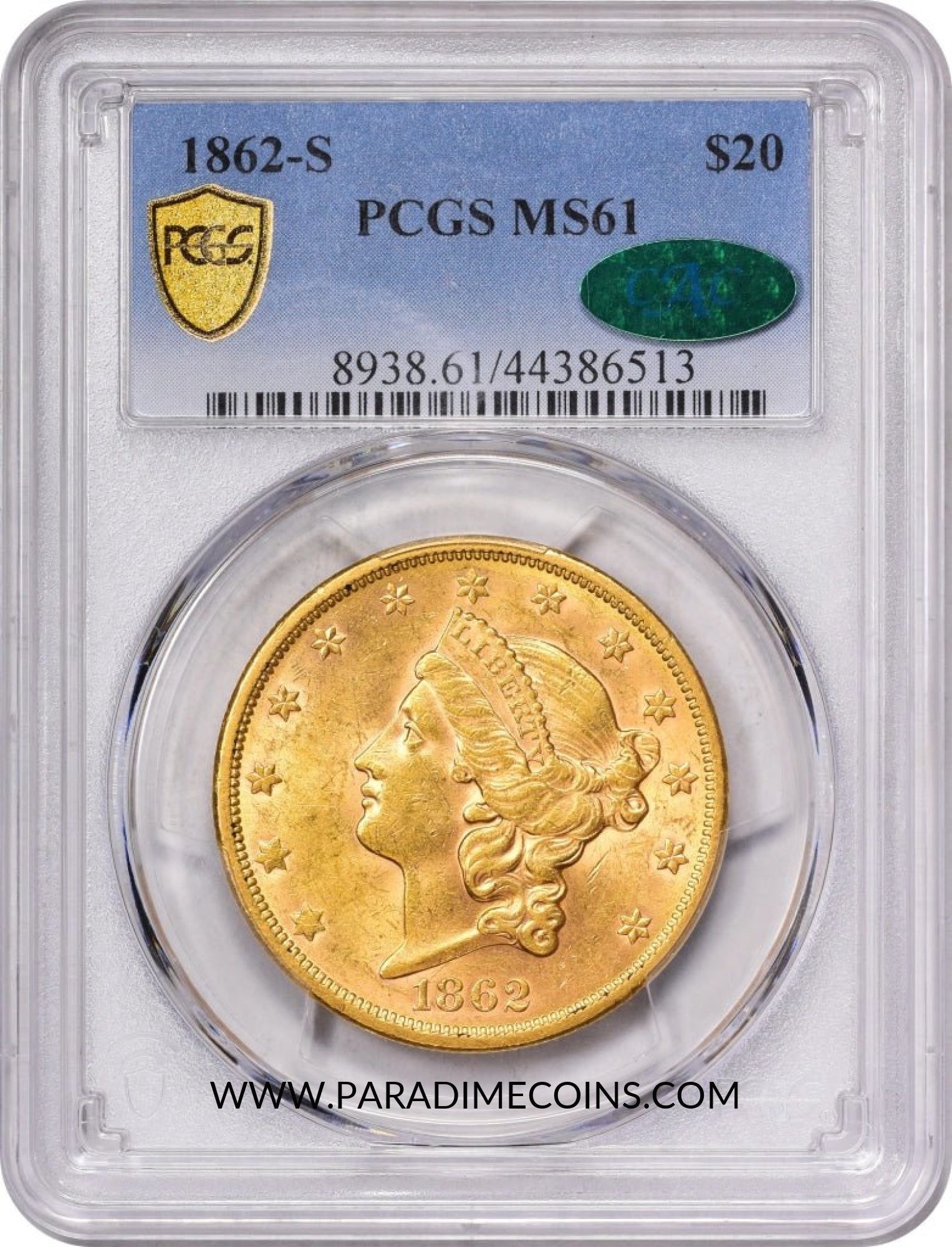 1862-S $20 MS61 PCGS CAC - Paradime Coins | PCGS NGC CACG CAC Rare US Numismatic Coins For Sale