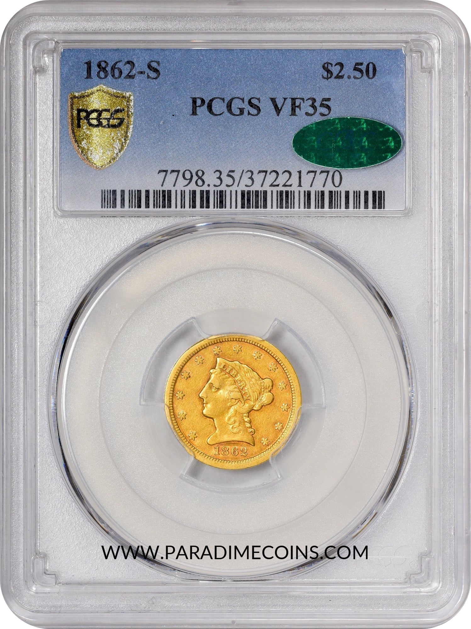 1862-S $2.5 VF35 PCGS CAC - Paradime Coins | PCGS NGC CACG CAC Rare US Numismatic Coins For Sale