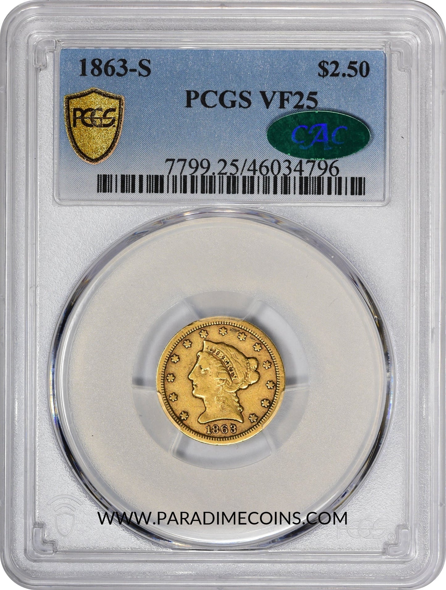 1863-S $2.5 VF25 PCGS CAC - Paradime Coins | PCGS NGC CACG CAC Rare US Numismatic Coins For Sale