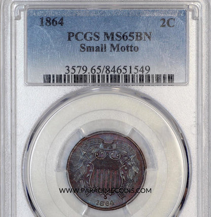 1864 2C SMALL MOTTO MS65 BROWN PCGS. - Paradime Coins | PCGS NGC CACG CAC Rare US Numismatic Coins For Sale