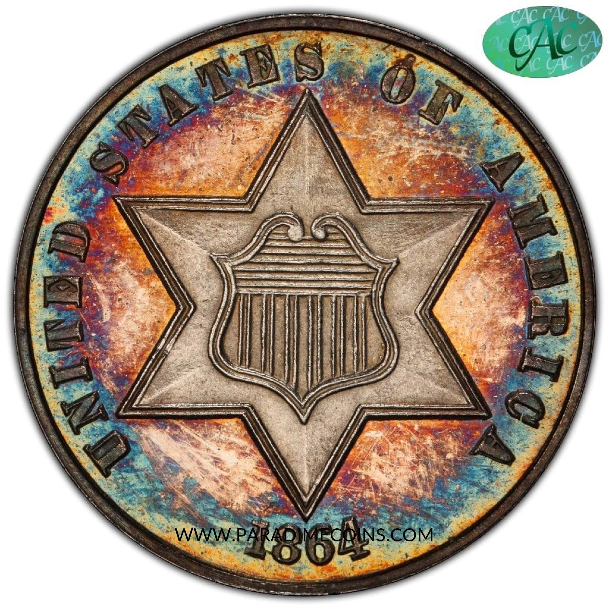 1864 3CS PR66+CAM PCGS CAC - Paradime Coins US Coins For Sale