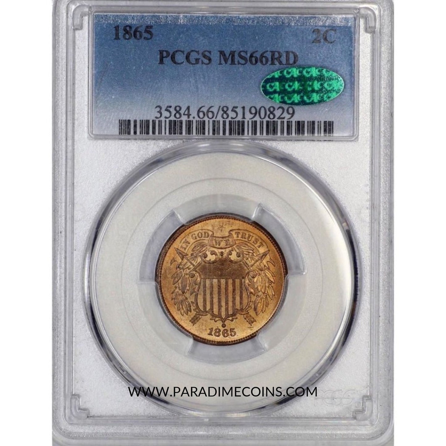 1865 Fancy 5 2C MS66RD PCGS CAC - Paradime Coins | PCGS NGC CACG CAC Rare US Numismatic Coins For Sale