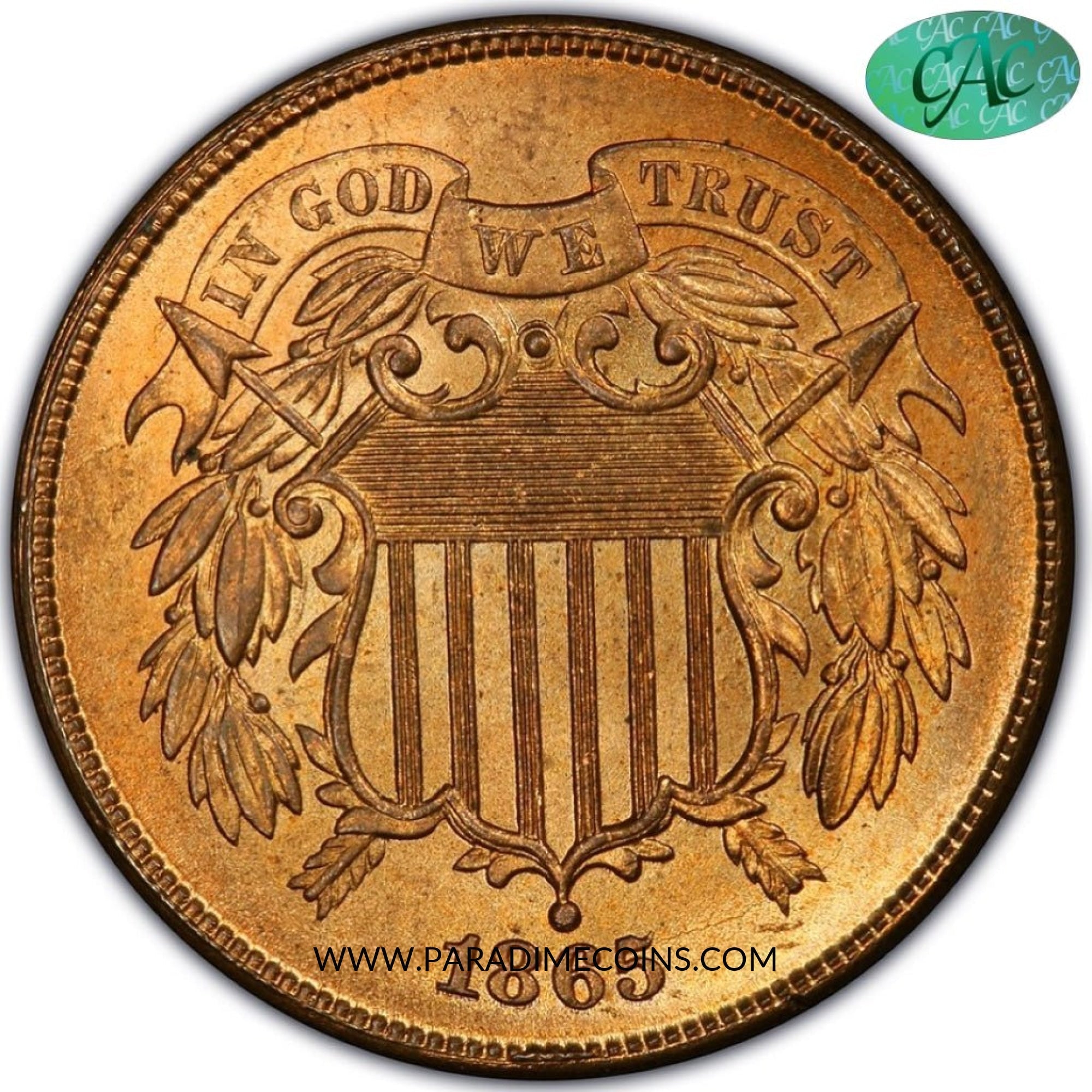1865 Fancy 5 2C MS66RD PCGS CAC - Paradime Coins | PCGS NGC CACG CAC Rare US Numismatic Coins For Sale
