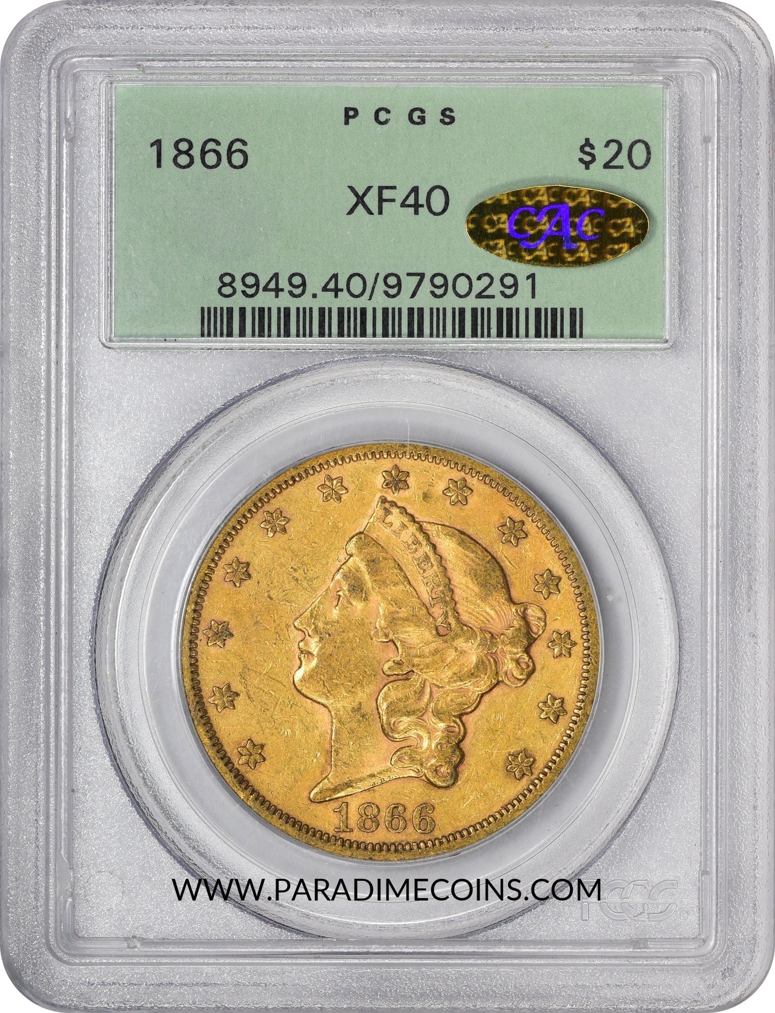 1866 $20 MOTTO XF40 OGH PCGS GOLD CAC - Paradime Coins | PCGS NGC CACG CAC Rare US Numismatic Coins For Sale