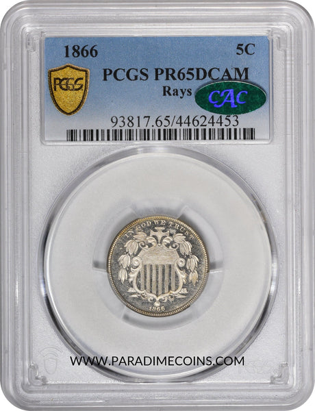 1866 5C RAYS PR65 DCAM PCGS CAC - Paradime Coins | PCGS NGC CACG CAC Rare US Numismatic Coins For Sale
