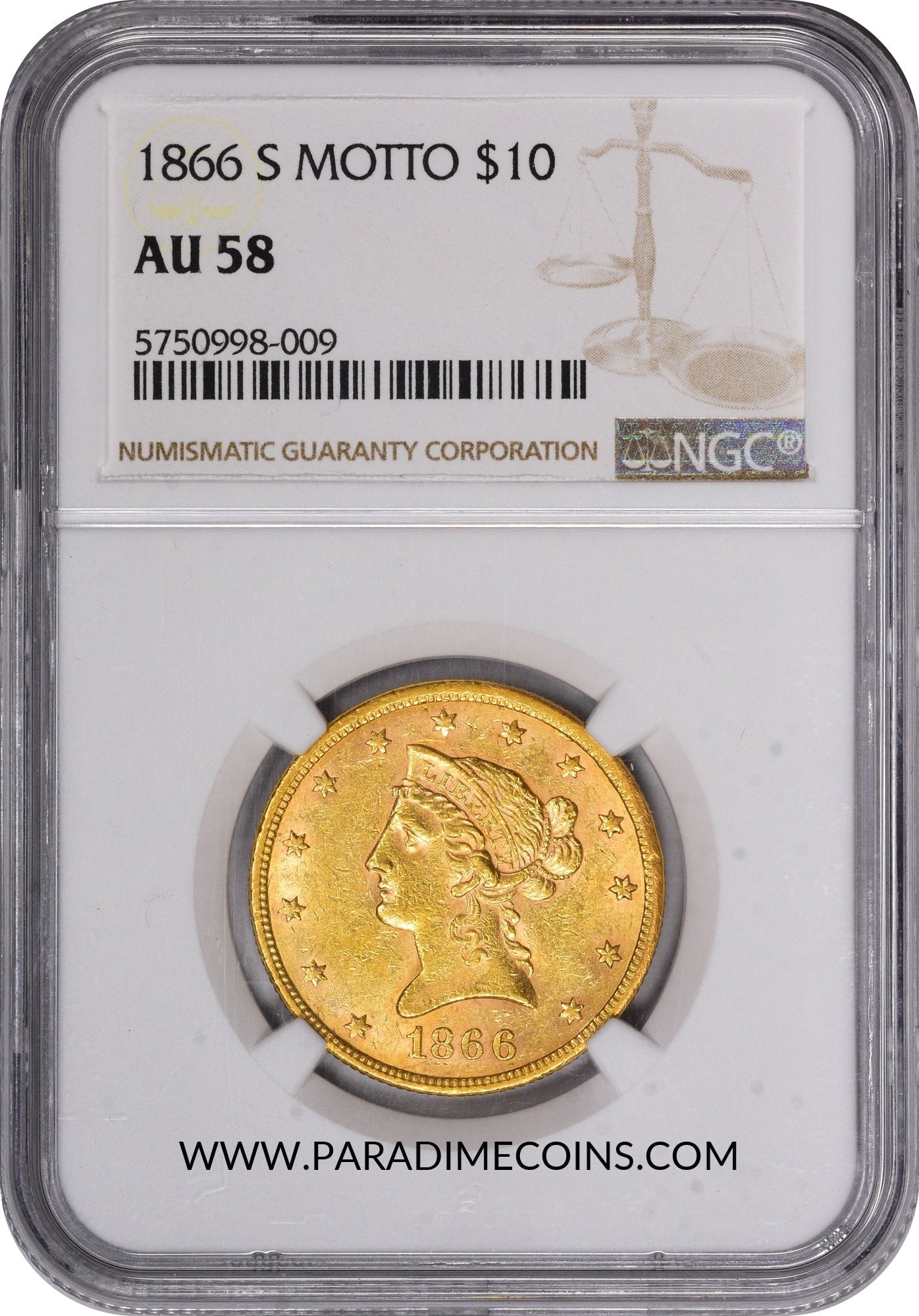 1866-S $10 MOTTO AU58 NGC - Paradime Coins | PCGS NGC CACG CAC Rare US Numismatic Coins For Sale
