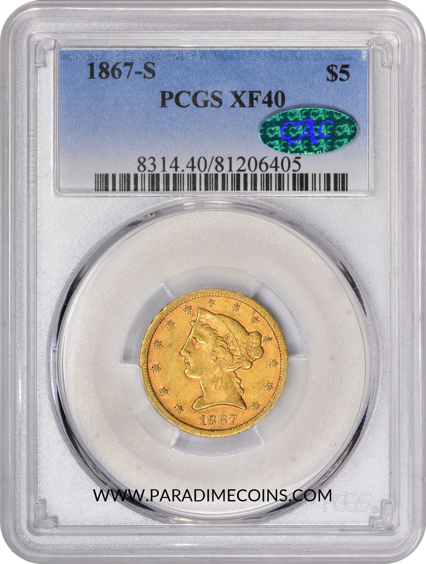 1867-S $5 XF40 PCGS CAC - Paradime Coins | PCGS NGC CACG CAC Rare US Numismatic Coins For Sale