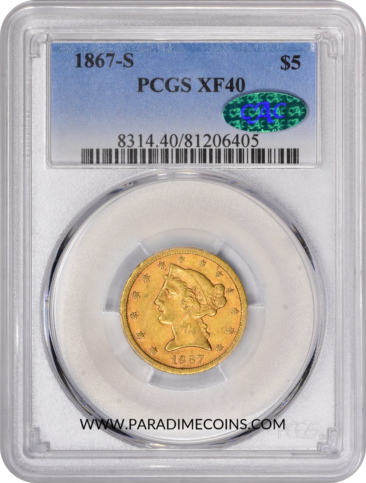 1867-S $5 XF40 PCGS CAC - Paradime Coins | PCGS NGC CACG CAC Rare US Numismatic Coins For Sale