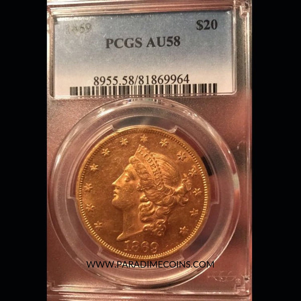 1869 $20 AU58 PCGS - Paradime Coins US Coins For Sale