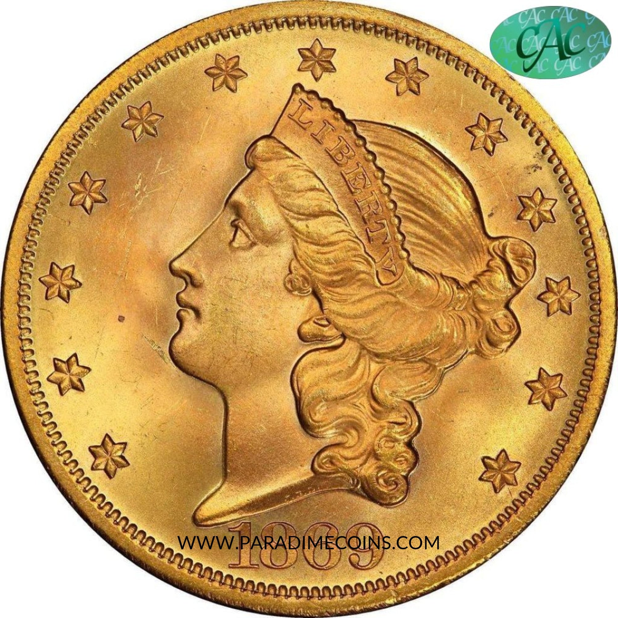 1869 $20 MS65+ PCGS CAC - Paradime Coins US Coins For Sale
