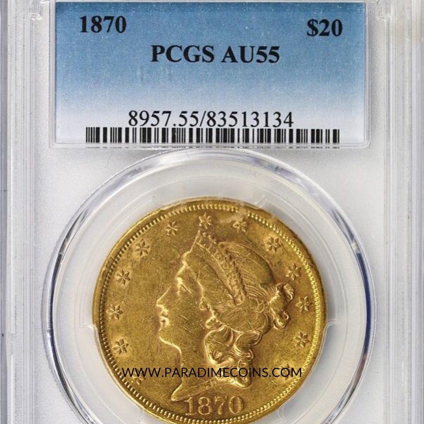 1870 $20 AU55 PCGS - Paradime Coins | PCGS NGC CACG CAC Rare US Numismatic Coins For Sale