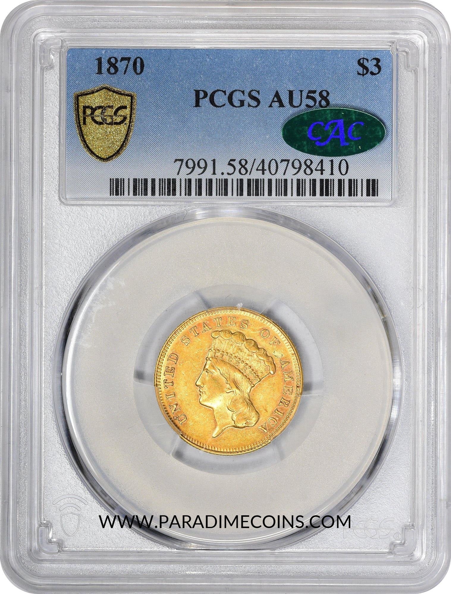 1870 $3 AU58 PCGS CAC - Paradime Coins | PCGS NGC CACG CAC Rare US Numismatic Coins For Sale