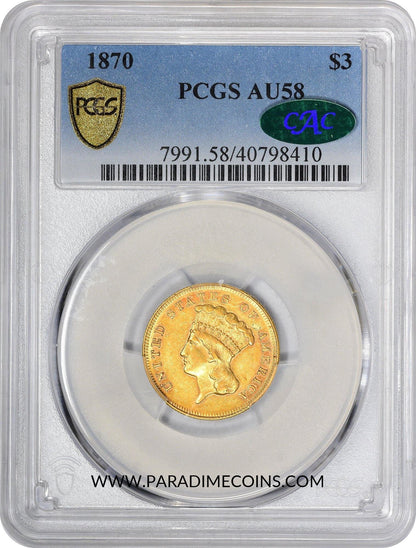 1870 $3 AU58 PCGS CAC - Paradime Coins | PCGS NGC CACG CAC Rare US Numismatic Coins For Sale