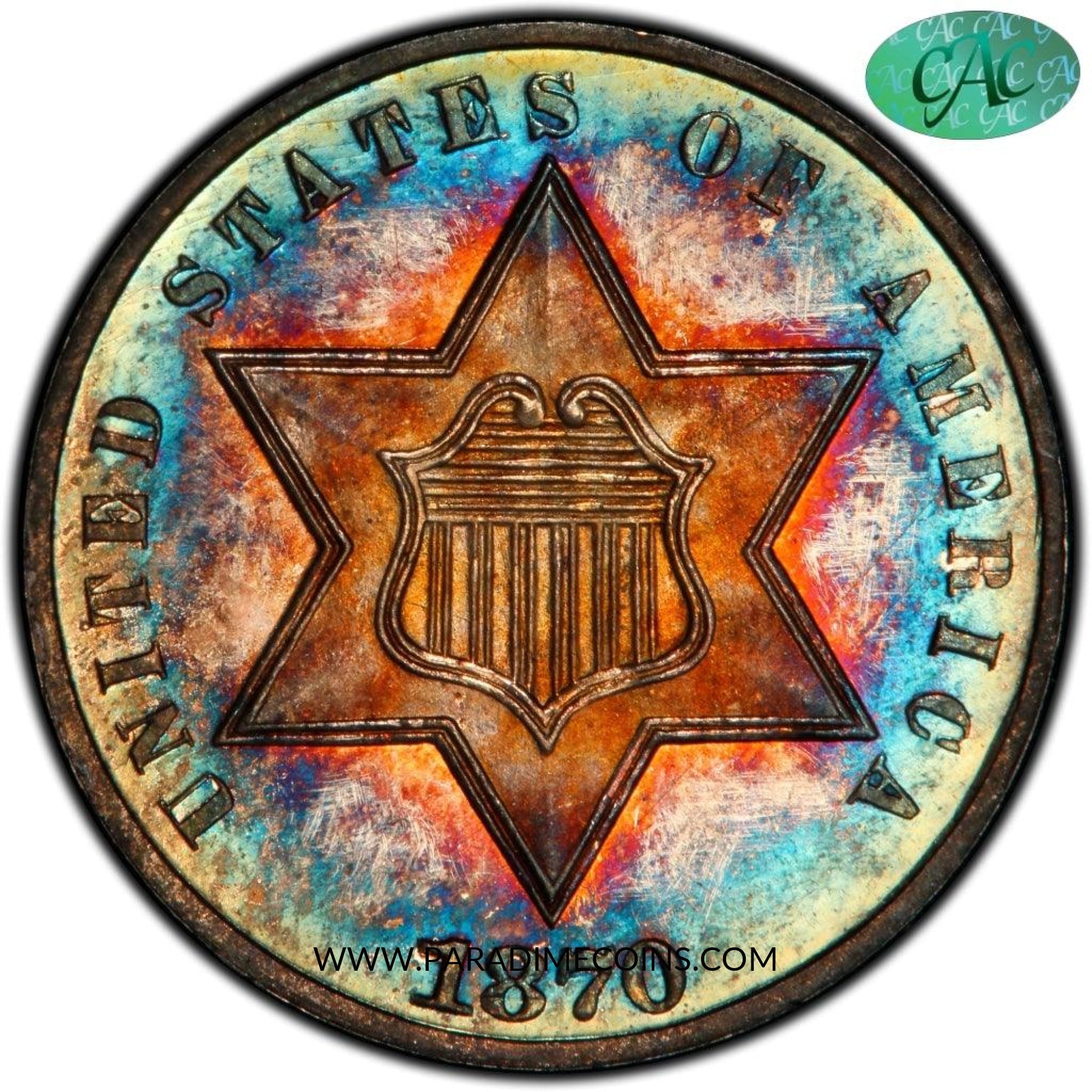1870 3CS PR66 CAM PCGS CAC - Paradime Coins | PCGS NGC CACG CAC Rare US Numismatic Coins For Sale