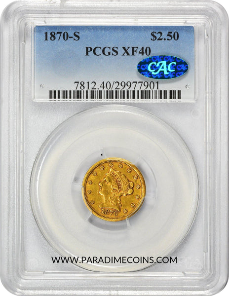 1870-S $2.5 XF40 PCGS CAC - Paradime Coins | PCGS NGC CACG CAC Rare US Numismatic Coins For Sale