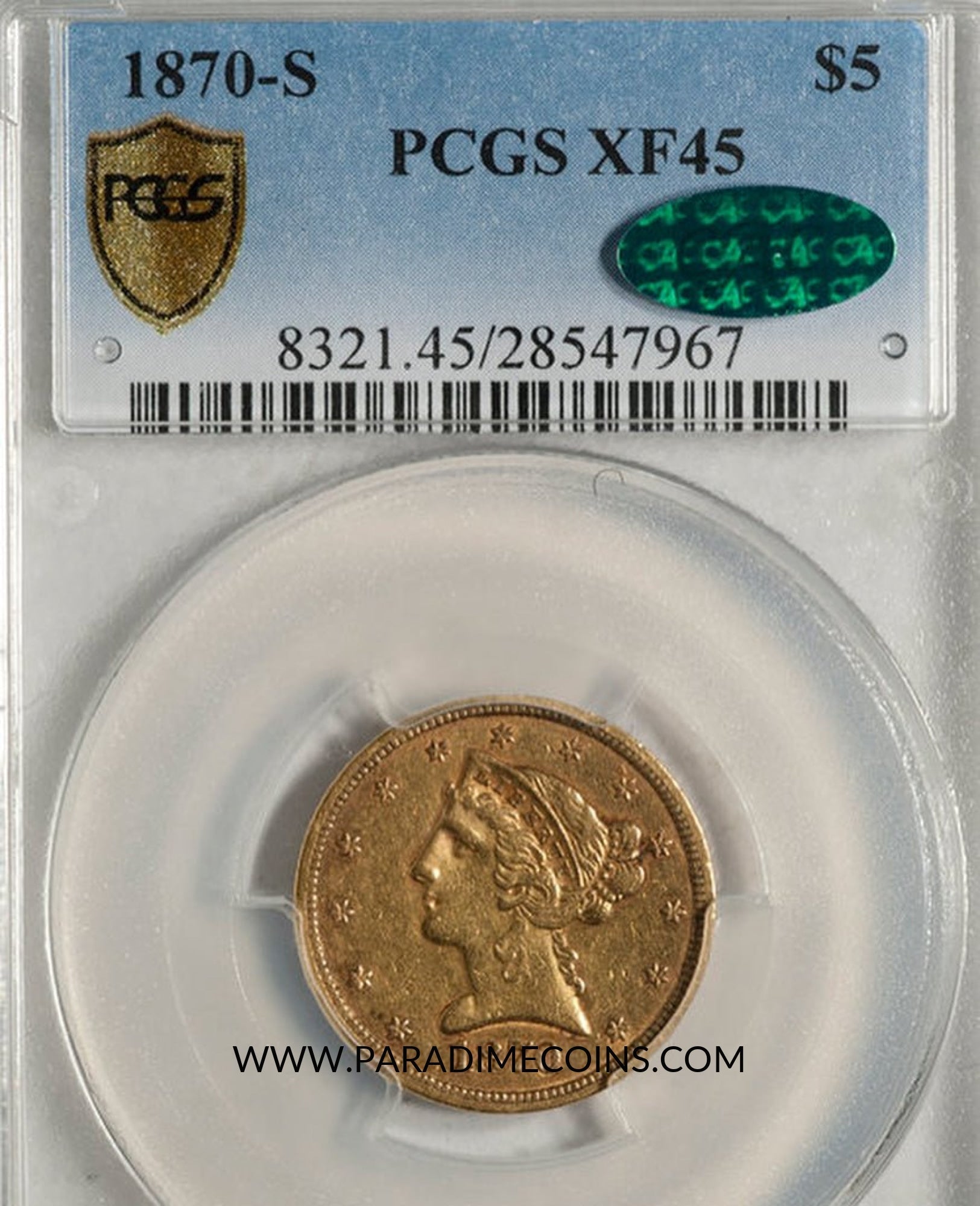 1870-S $5 XF45 PCGS CAC - Paradime Coins | PCGS NGC CACG CAC Rare US Numismatic Coins For Sale